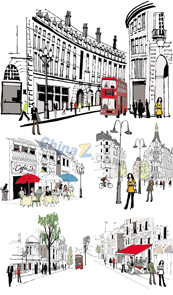 彩绘欧洲城市街道矢量素材