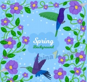 春季紫色花卉和蜂鸟矢量素材