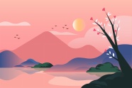 扁平化山水湖泊风景插画图片