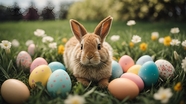 复活节草地彩蛋兔子摄影图片