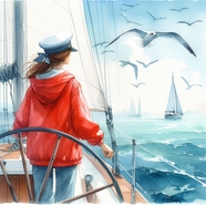 海上游船少女手绘风格插画图片
