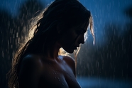 夜色中淋雨的美女剪影图片