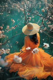 春天意境美女橙色婚纱写真摄影图片