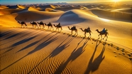 日暮黄昏金色沙漠骆驼摄影图片