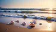 海边日出海浪沙滩贝壳风景图片