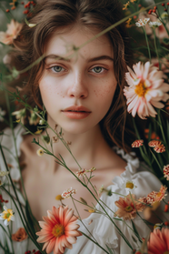躺在花丛中的欧美少女摄影图片