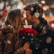 冬季浪漫雪天情侣鼻尖吻摄影图片