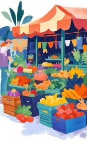 丰收蔬菜水果市场矢量模板插画