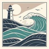 复古海浪灯塔装饰画矢量素材