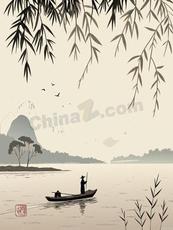 唯美渔船水墨风景矢量素材