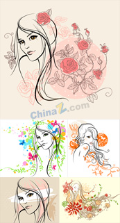 手绘素描美女矢量图下载