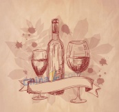 复古手绘葡萄酒与酒杯