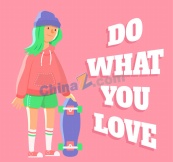 卡通滑板女孩设计矢量素材