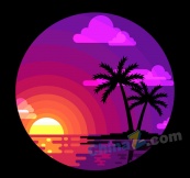 紫色大海和棕榈树风景矢量
