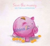 彩绘粉色猪存钱罐和金币矢量