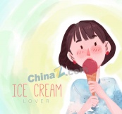 彩绘夏季吃冰淇淋的女子矢量