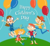创意儿童节4个孩子和气球矢量