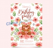 彩绘花卉和熊生日派对传单