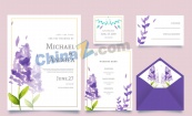 紫色水彩绘花卉婚礼卡片矢量