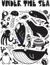 黑白海洋动物插画矢量素材