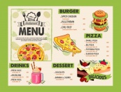 手绘披萨甜品餐厅菜单矢量模板