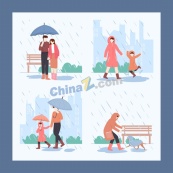 下雨散步人物插图合集矢量素材