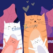 温馨猫咪亲子场景矢量图素材