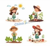 植树节儿童园艺活动插图矢量