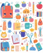 可爱卡通风格学习用品合集矢量