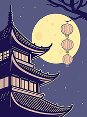 唯美中式古建筑夜景图矢量素材