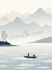 新中式水墨山水画矢量素材