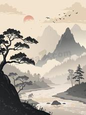 新中式水墨山水背景图矢量素材