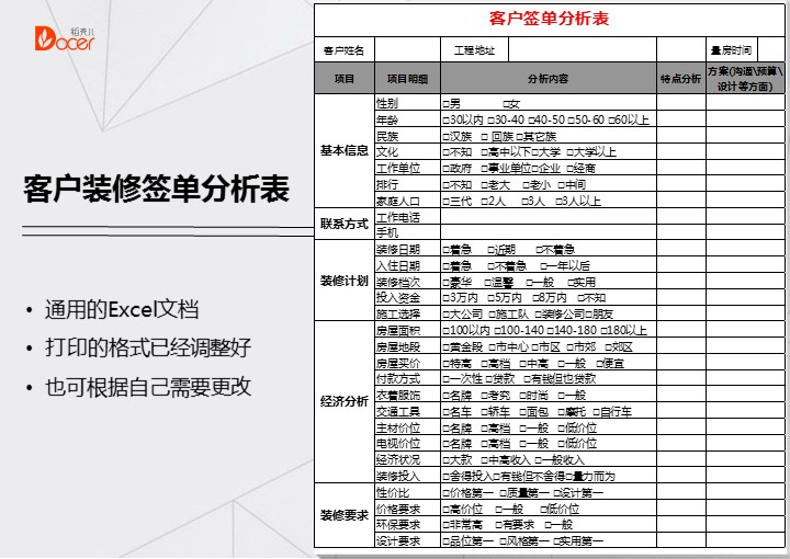 客户装修签单分析表格下载 站长素材