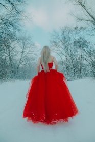雪地里新娘穿红色婚纱背影图片