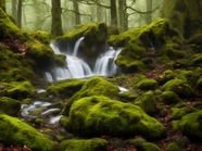 原始森林苔藓瀑布流图片