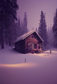 冬日黄昏树林雪屋风景插画图片