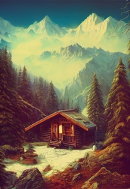 冬季雪山森林小木屋风景插画图片