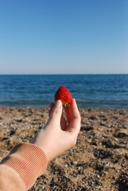 海边沙滩手持草莓手势摄影图片