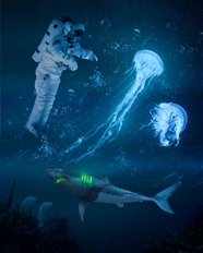 蓝色深海鲨鱼海蜇潜水者图片