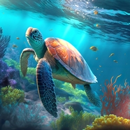 蓝色深海珊瑚礁野生海龟图片