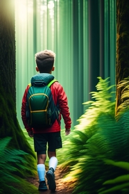 绿色森林小男孩背包旅行冒险图片