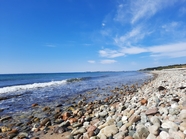 蓝色天空海岸鹅卵石摄影图片