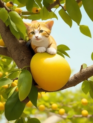 趴在果树上的橙色虎斑猫图片