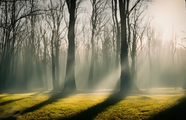 阳光穿透雾气弥漫的树林图片