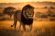 日暮黄昏非洲大草原雄狮摄影图片