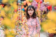 春天集市粉色奥黛旗袍美女图片
