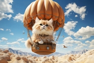 坐在热气球上旅行的可爱小猫图片