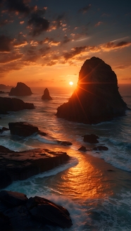 唯美黄昏海岸礁石夕阳美景摄影图片
