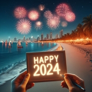 庆祝2024年海边烟花夜景图片