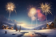 冬季雪地里跨年烟花夜景图片